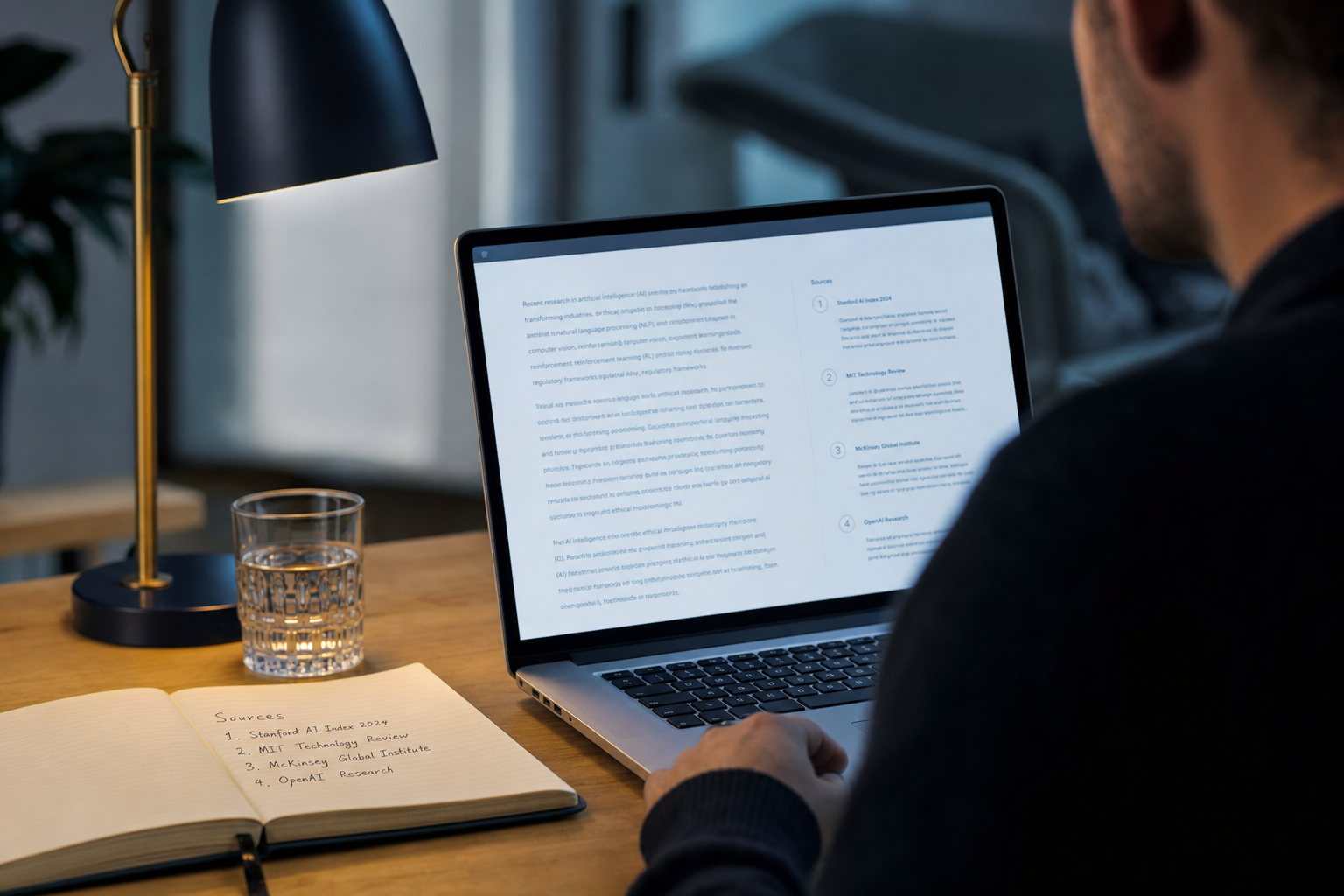 Research-svar med nummererede kilder og håndskrevet kildeliste