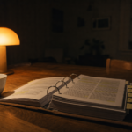 Åbent ringbind med nummererede faneblade og gule markeringer på et spisebord om aftenen, oplyst af en enkelt varm bordlampe med en kop te ved siden af