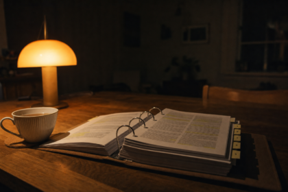 Åbent ringbind med nummererede faneblade og gule markeringer på et spisebord om aftenen, oplyst af en enkelt varm bordlampe med en kop te ved siden af