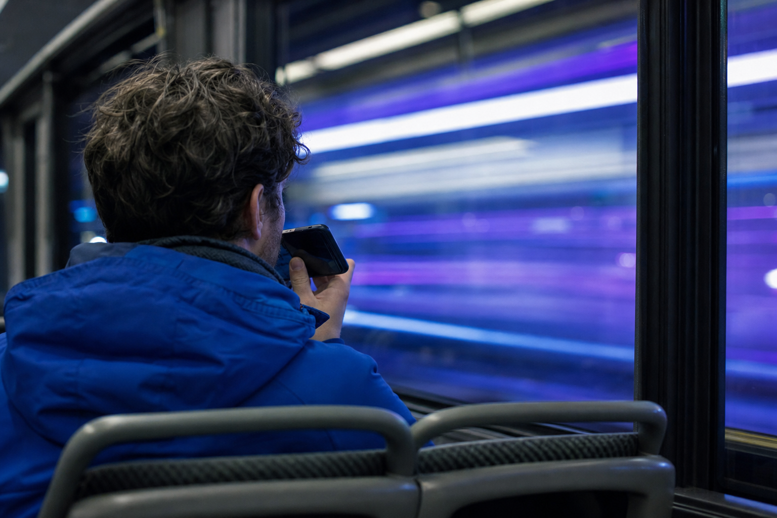 Passager i en togkupé om aftenen set skråt bagfra taler til sin telefon, mens byens neonskær glider forbi vinduet