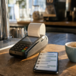 Nærbillede af en betalingsterminal med kvittering og en mobiltelefon på en cafédisk i gyldent eftermiddagslys, med en lyseblå kaffekop som eneste farve