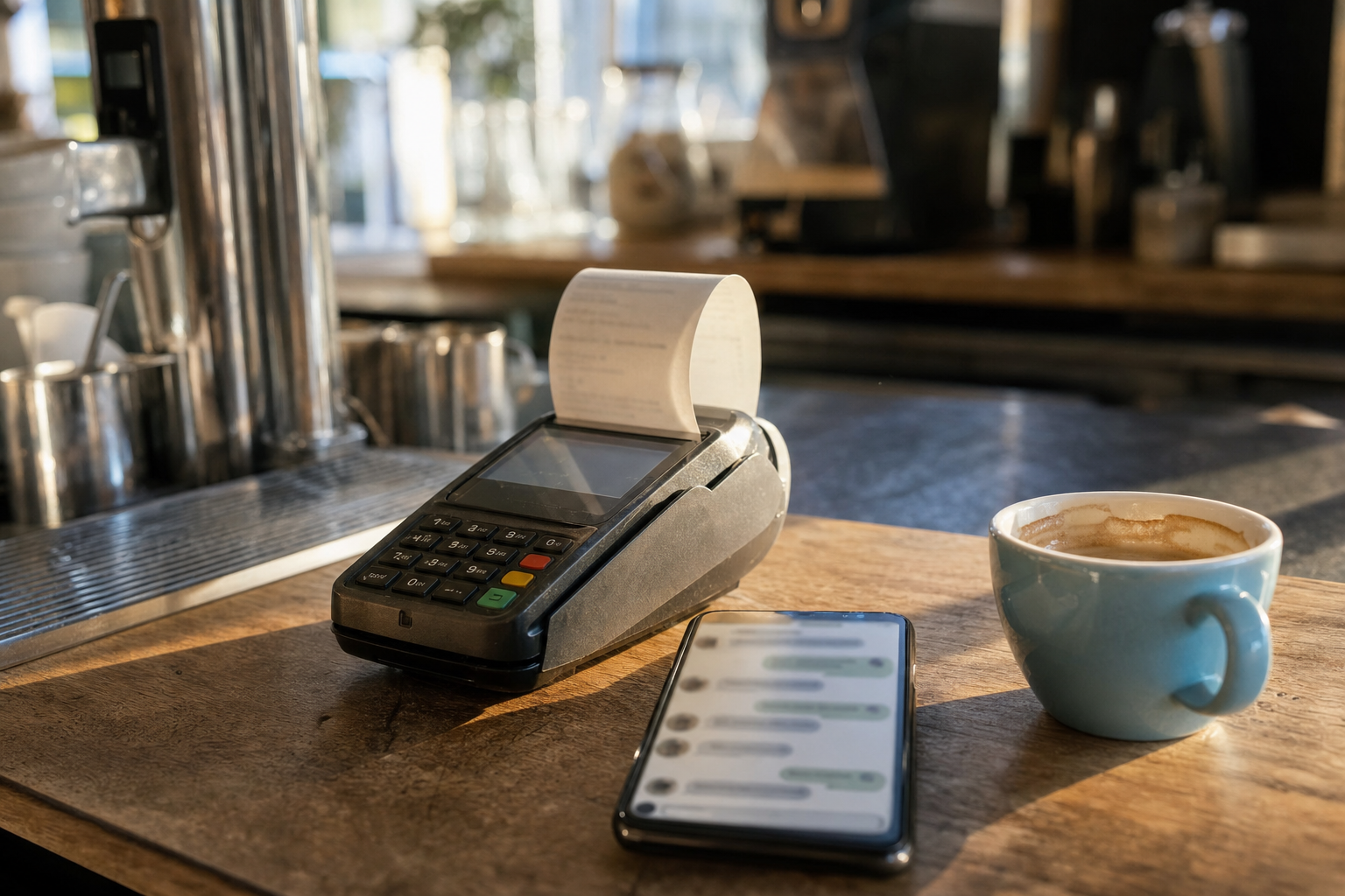 Nærbillede af en betalingsterminal med kvittering og en mobiltelefon på en cafédisk i gyldent eftermiddagslys, med en lyseblå kaffekop som eneste farve