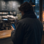 Kunde set skråt bagfra ved en cafédisk om aftenen med en chatsamtale på mobilen, kølige blå toner og et enkelt orange neonskær