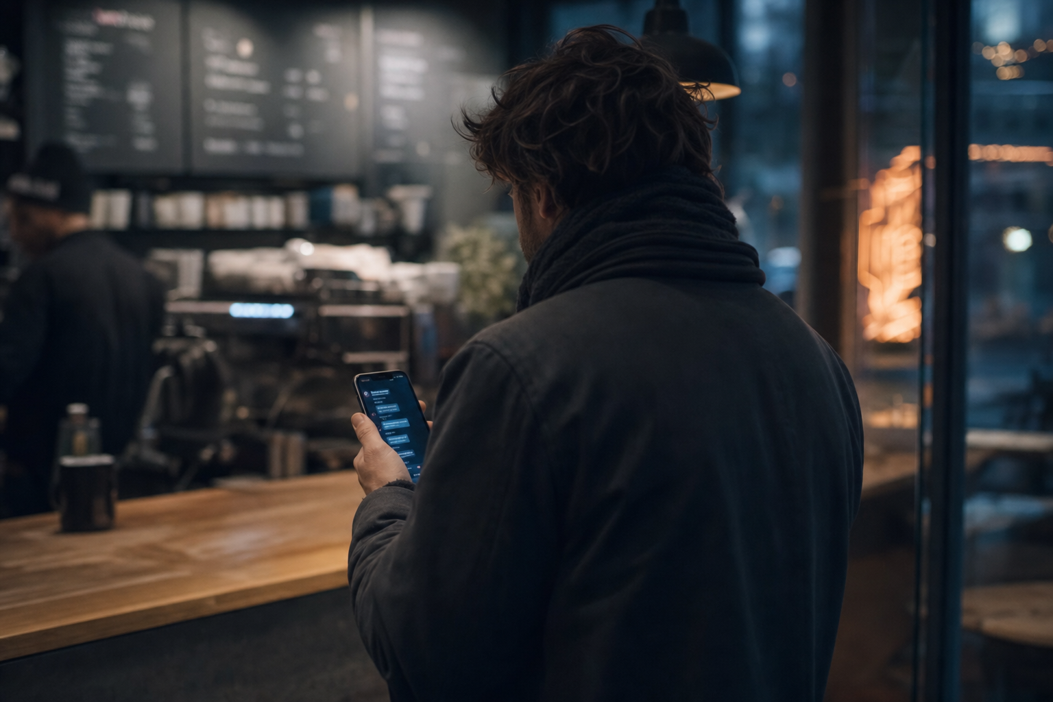Kunde set skråt bagfra ved en cafédisk om aftenen med en chatsamtale på mobilen, kølige blå toner og et enkelt orange neonskær