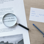 Skrivebord set lige oppefra med en printet artikelside, hvor ét afsnit er markeret med et blåt faneblad, et forstørrelsesglas over de trykte linjer og et håndskrevet kildekort ved siden af