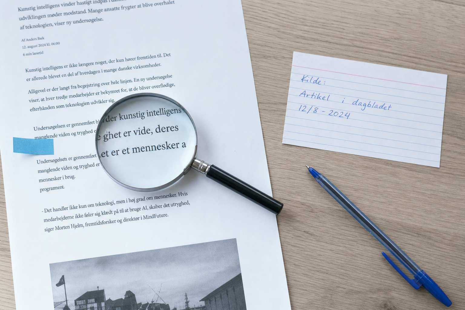 Skrivebord set lige oppefra med en printet artikelside, hvor ét afsnit er markeret med et blåt faneblad, et forstørrelsesglas over de trykte linjer og et håndskrevet kildekort ved siden af