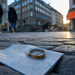 Foldet papirkort og et lille kompas holdt frem på et gadehjørne i en dansk by, set fra frøperspektiv i eftermiddagslys
