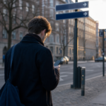 Person set skråt bagfra på en dansk gade i gyldent eftermiddagslys, går forbi vejvisere mens hun kigger på sin telefon