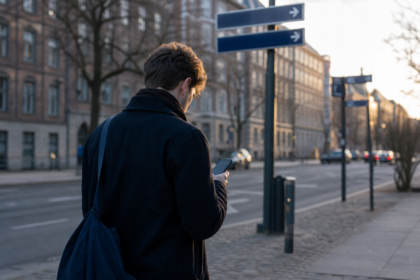 Person set skråt bagfra på en dansk gade i gyldent eftermiddagslys, går forbi vejvisere mens hun kigger på sin telefon