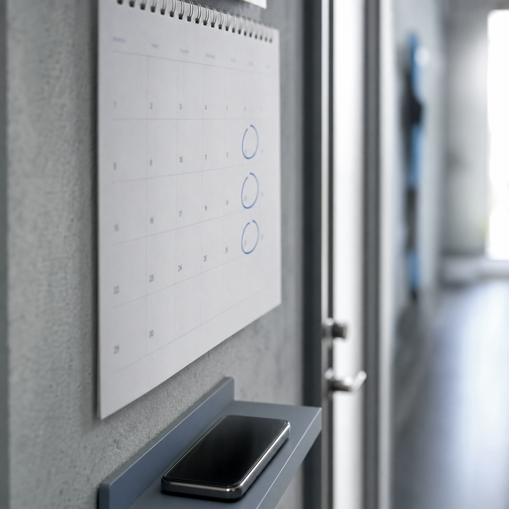 Nærbillede af en papirkalender med weekenddatoer ringet ind med blå kuglepen og en mobil på en hylde nedenunder i blødt morgenlys