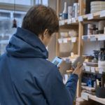 Kunde i blå jakke set skråt bagfra i en lille dansk butik, sammenligner et produkt på hylden med skærmen på sin mobil i overskyet dagslys