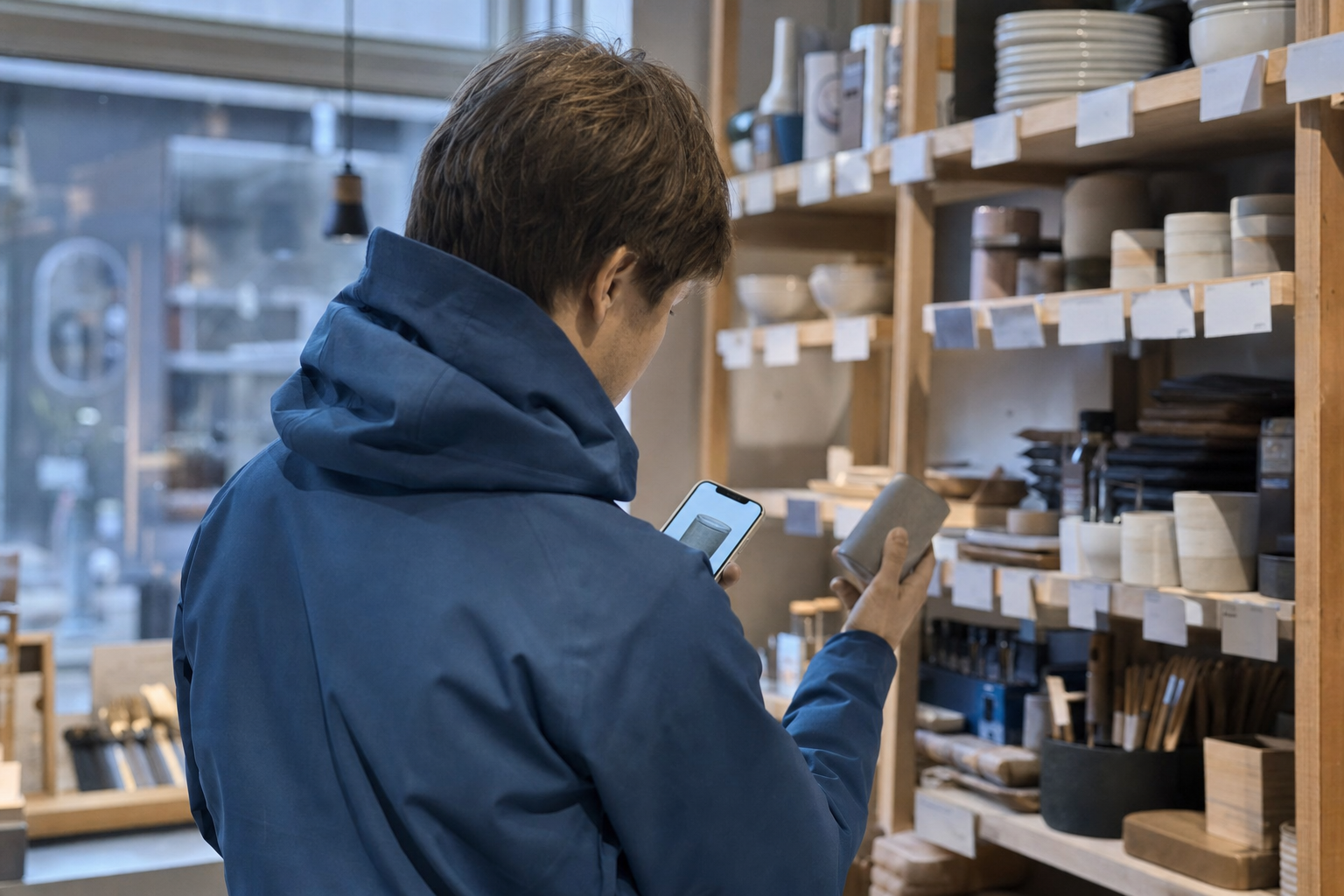 Kunde i blå jakke set skråt bagfra i en lille dansk butik, sammenligner et produkt på hylden med skærmen på sin mobil i overskyet dagslys