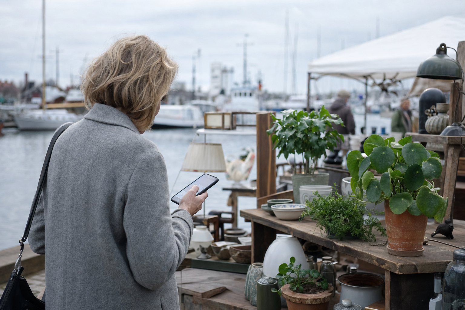 Person i grå frakke set skråt bagfra ved en loppemarkedsbod på en dansk havnekaj kigger på en mobil med en ny notifikation, overskyet dagslys og grønne planter på boden