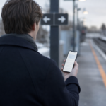 Pendler i mørkeblå frakke set skråt bagfra på en perron i morgenlys, med mobilen fremme og et uskarpt skilt med pile i to retninger i baggrunden
