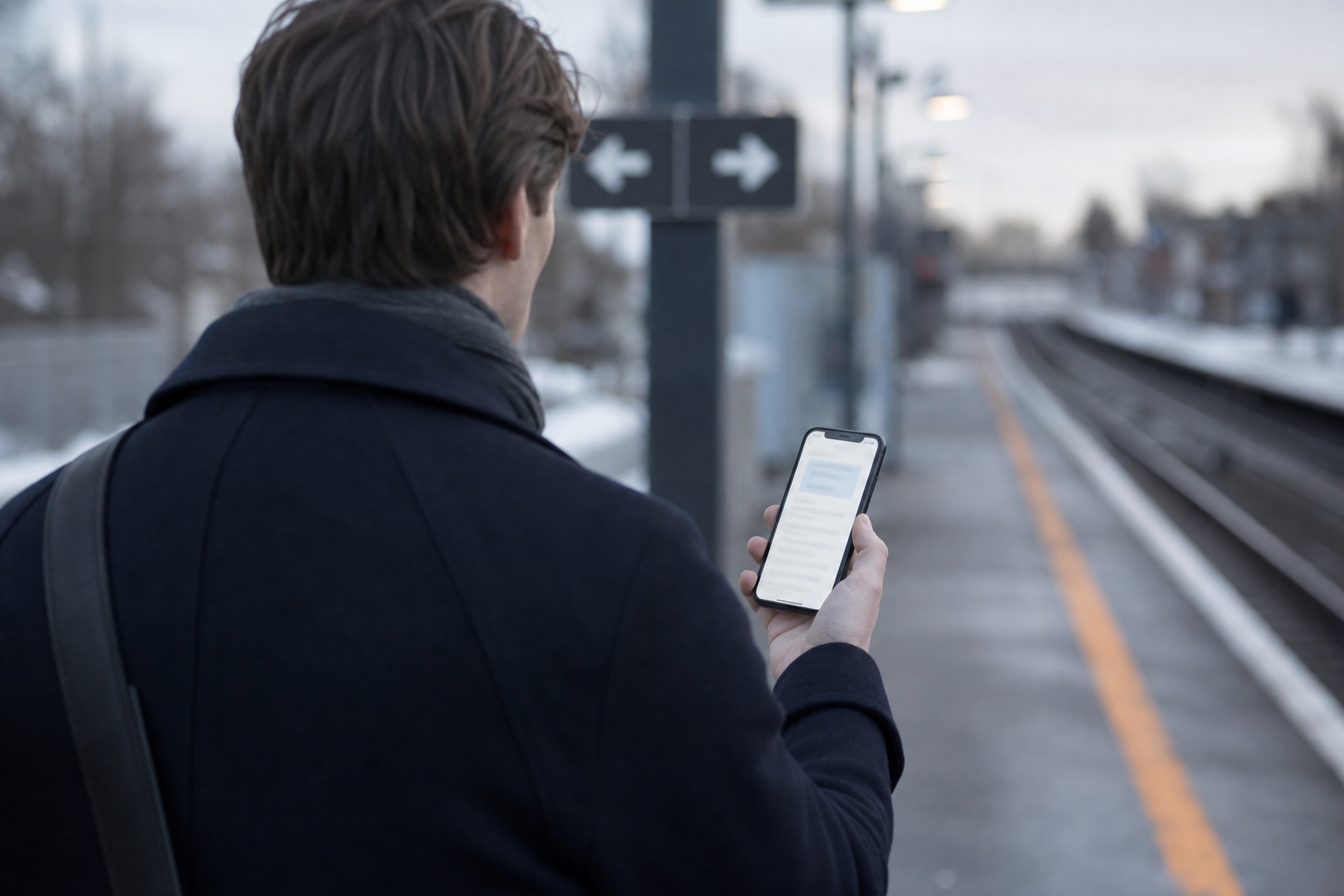 Pendler i mørkeblå frakke set skråt bagfra på en perron i morgenlys, med mobilen fremme og et uskarpt skilt med pile i to retninger i baggrunden