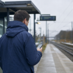 Person i blå regnjakke set skråt bagfra på en pendlerperron læser på sin mobil i overskyet morgenlys