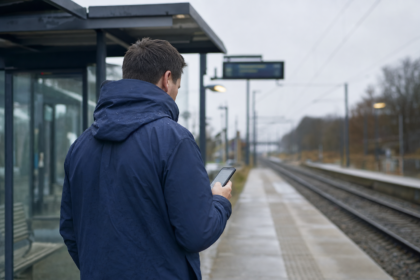 Person i blå regnjakke set skråt bagfra på en pendlerperron læser på sin mobil i overskyet morgenlys