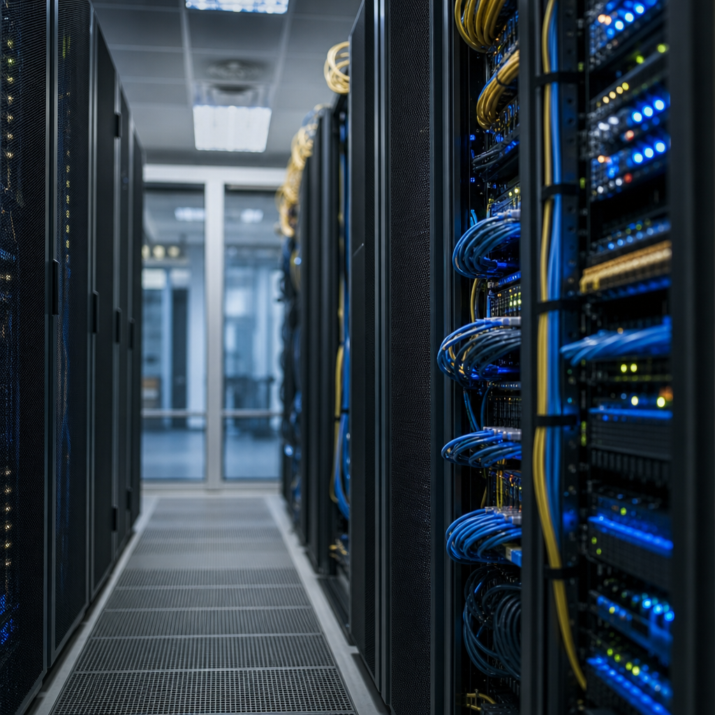 Lavt vinklet foto af et serverrum med netværkskabler og blinkende lys i køligt kunstlys