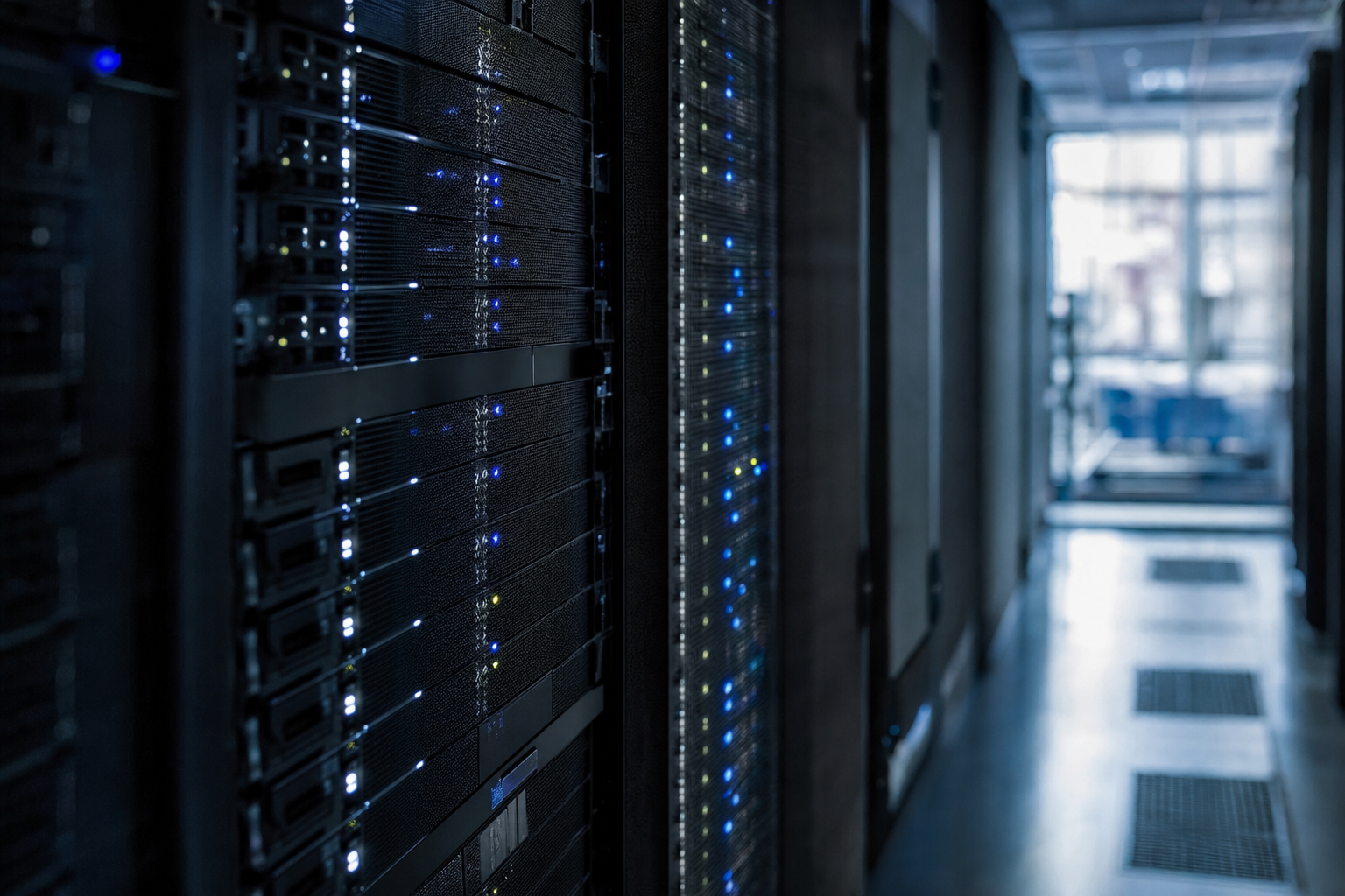 Gang mellem mørke serverracks med blinkende status-lys i køligt blåt omgivelseslys