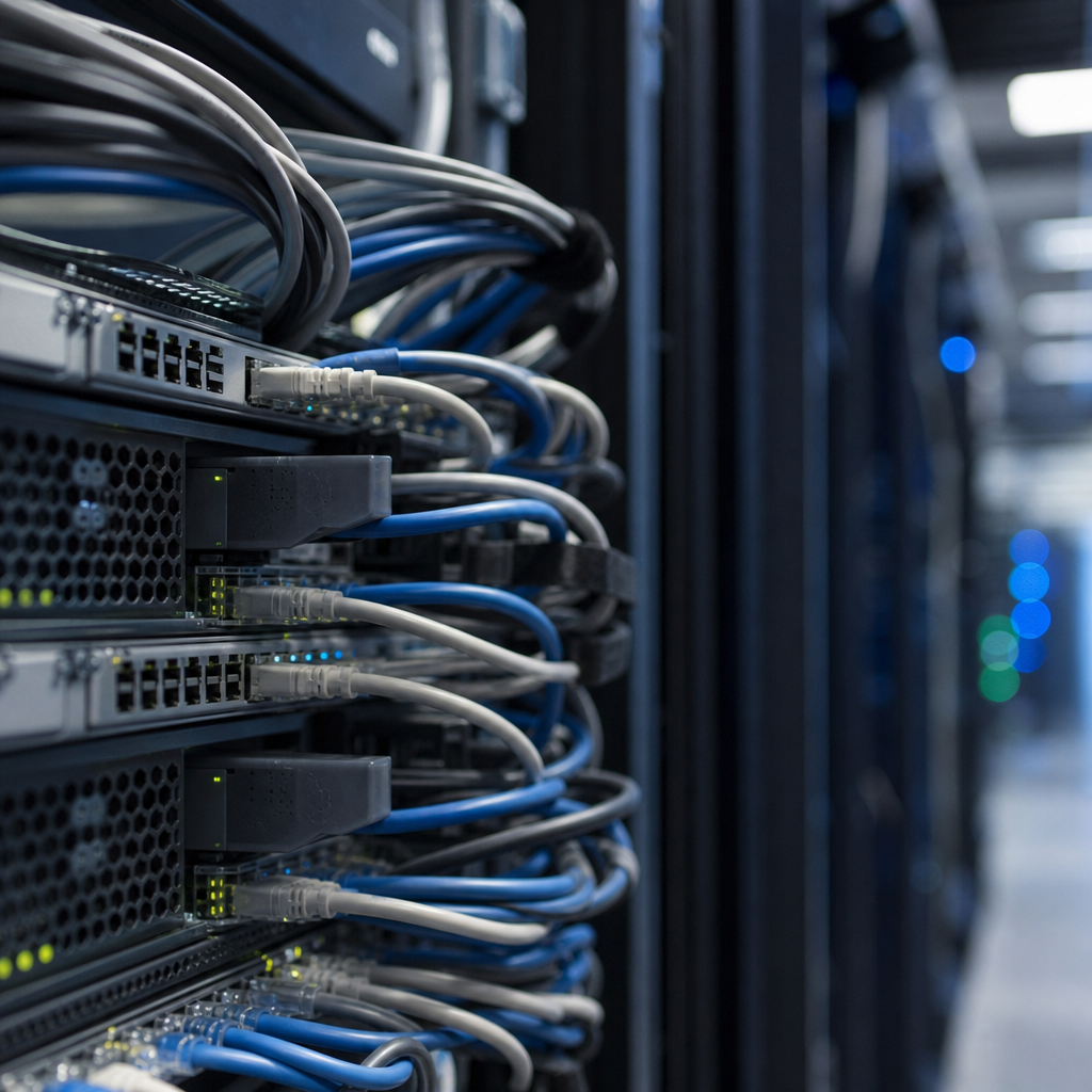 Nærbillede af netværkskabler og serverudstyr i en datacenter-gang, køligt blåt og gråt lys