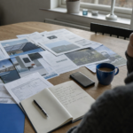 Spisebord i et dansk hjem dækket af overlappende tilbud og brochurer, en energiregning, en notesbog med håndskrevne spørgsmål og en telefon med skærmen nedad ved siden af en blå kaffekop, set skråt oppefra i neutralt dagslys