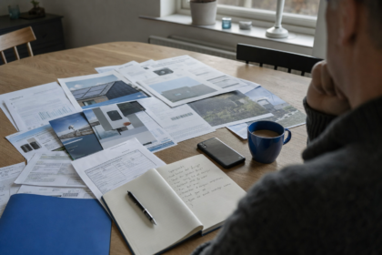 Spisebord i et dansk hjem dækket af overlappende tilbud og brochurer, en energiregning, en notesbog med håndskrevne spørgsmål og en telefon med skærmen nedad ved siden af en blå kaffekop, set skråt oppefra i neutralt dagslys