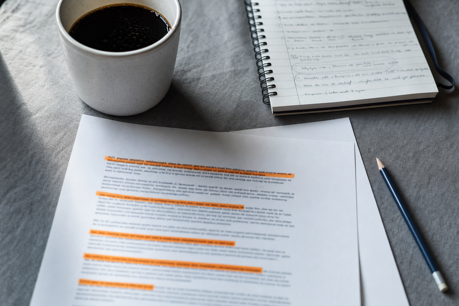 Udskrevet artikel set fra oven, hvor første sætning i hvert afsnit er streget over med orange highlighter, ved siden af notesbog og kaffekop