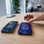 To smartphones side om side på et lyst egetræsbord med hver sin slørede AI-chatflade, en hånd der tøver mellem dem og en tredje telefon med skærmen nedad i baggrunden, sidelys fra vindue