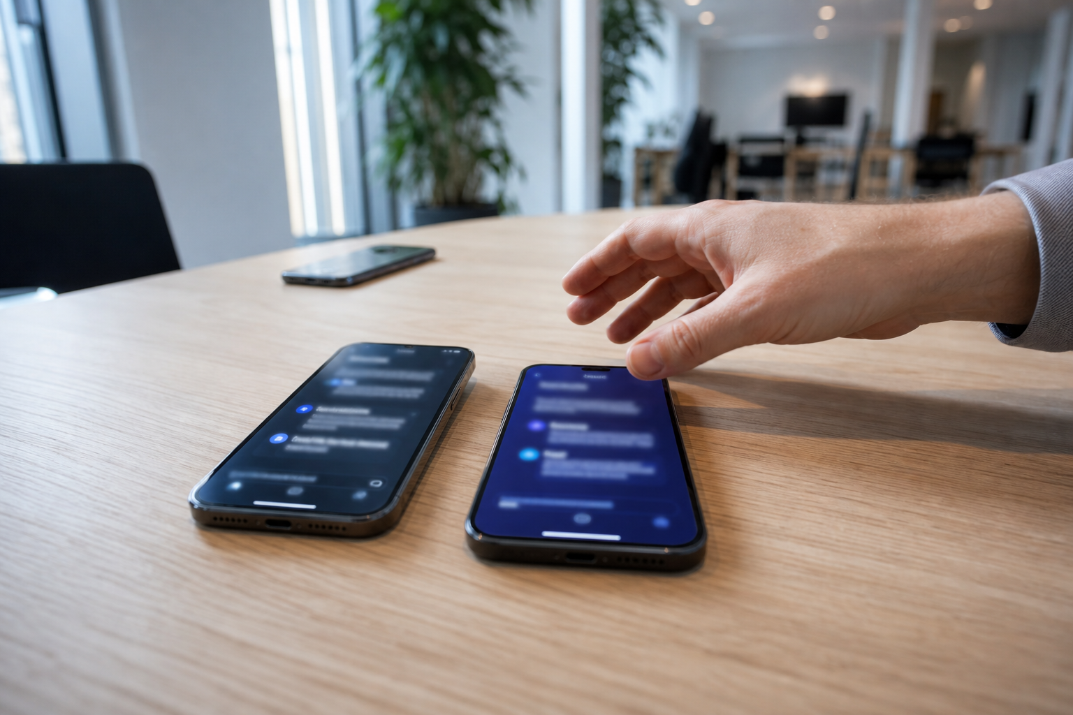 To smartphones side om side på et lyst egetræsbord med hver sin slørede AI-chatflade, en hånd der tøver mellem dem og en tredje telefon med skærmen nedad i baggrunden, sidelys fra vindue