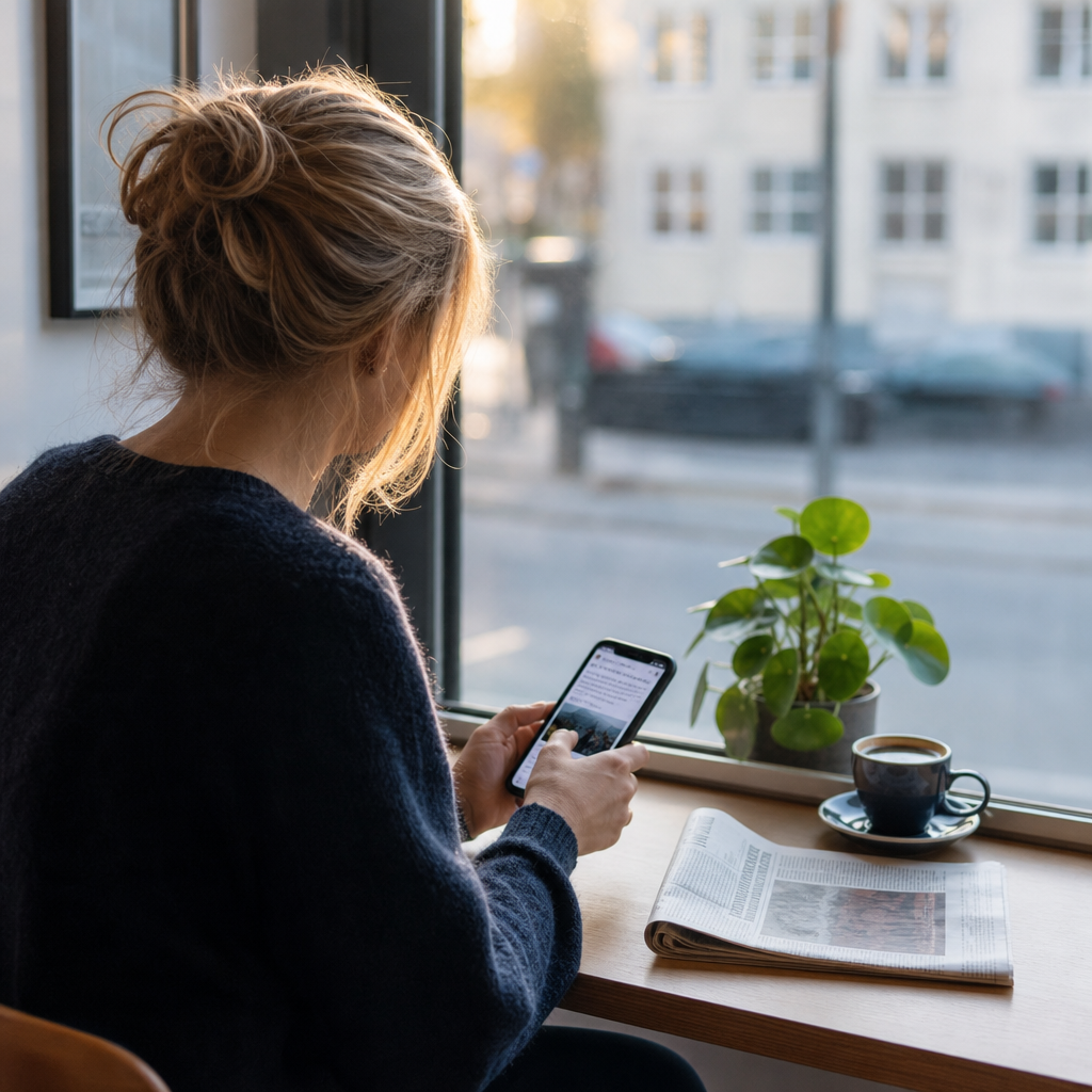 Kvinde set skråt bagfra ved et cafébord læser nyheder på mobilen ved siden af en foldet papiravis og en kop kaffe i gyldent eftermiddagslys med en grøn plante i vinduet