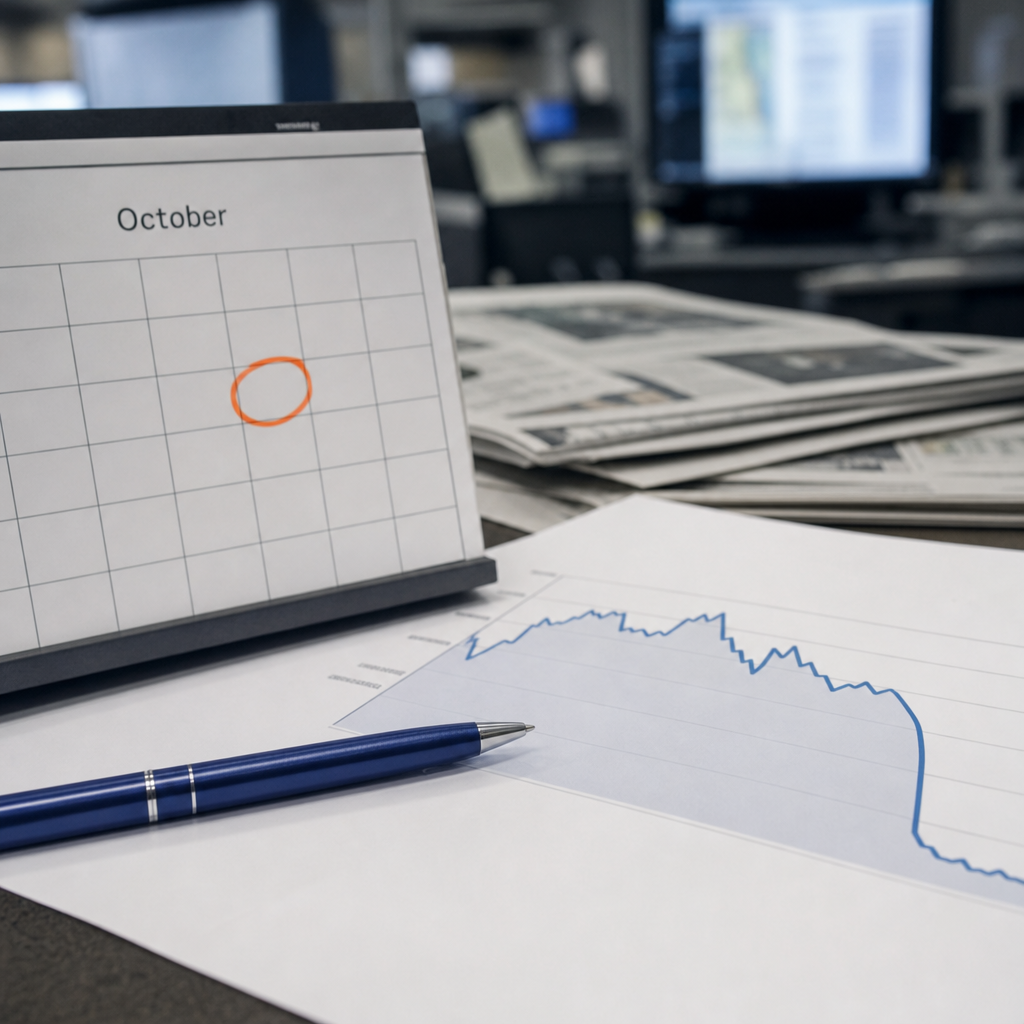 Nærbillede af en papirkalender med en dato ringet ind med orange tusch ved siden af en udprintet besøgskurve, der falder brat, og en blå kuglepen, i køligt kontorlys på en redaktion