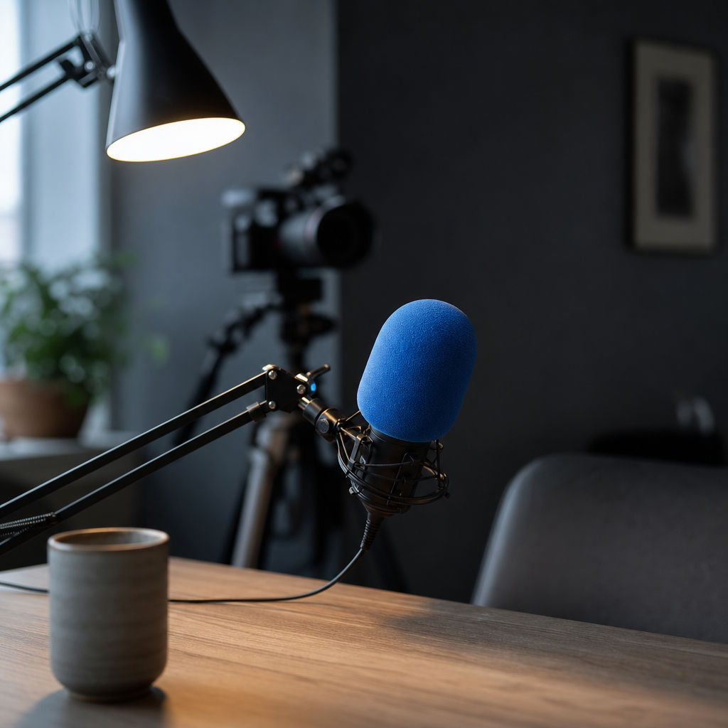 Nærbillede af en podcastmikrofon med blå vindskærm på en bordarm og et kamera på stativ i baggrunden, oplyst af en varm lampe i et mørkt rum