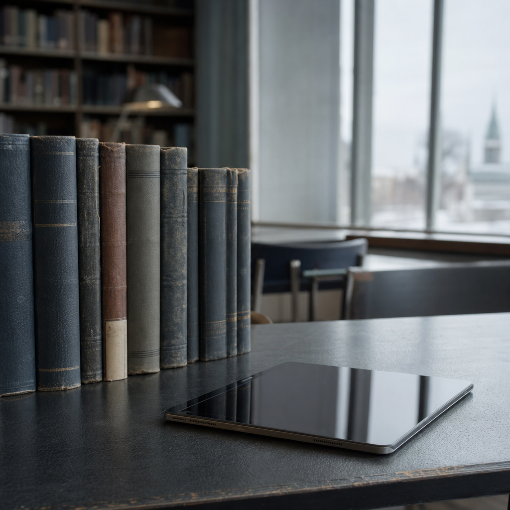 Nærbillede af gamle opslagsværker ved siden af en tablet på et læsebord i et bibliotek i gråt dagslys