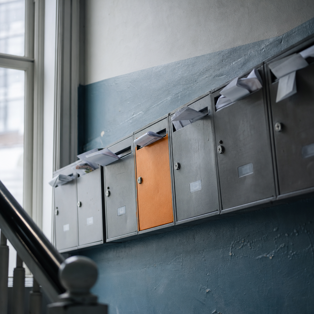 Række af postkasser i en københavnsk opgang set nedefra med breve og foldede nyhedsbreve stikkende ud, én postkasselåge er orange