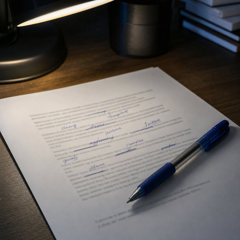 Printet tekstside under en varm skrivebordslampe, hvor flere ord er streget ud og erstattet med håndskrevne synonymer i blå kuglepen