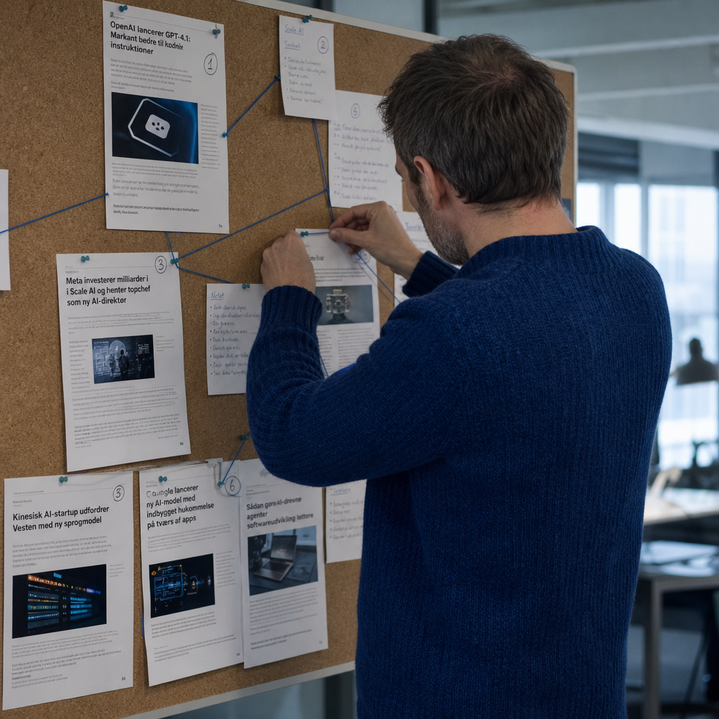 Redaktør i blå sweater set skråt bagfra, der hænger udprintede artikler og kildenoter op på en korktavle med blå snor i et redaktionslokale i overskyet dagslys