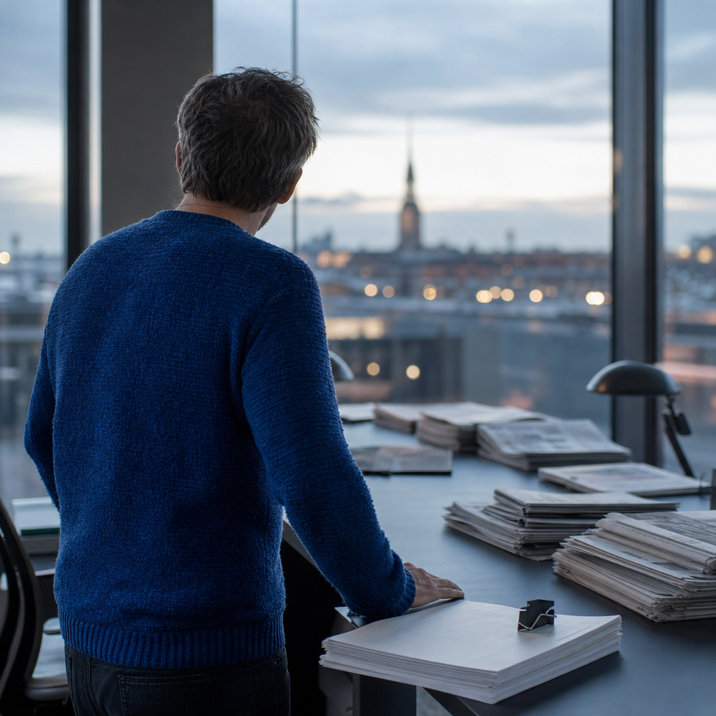 Redaktør i blå sweater set skråt bagfra i et redaktionslokale i modlys med stakke af aviser og en tyk udprintet kontrakt på bordet